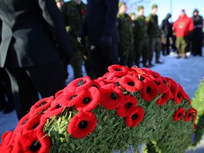 Poppies on a wreath during the Royal Winnipeg Rifles Association Remembrance Day Service at Vimy Memorial Park in Winnipeg on Mon., Nov. 11, 2019.