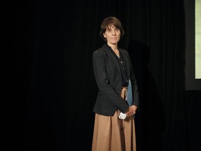 B.C. Green Party Leader Sonia Furstenau stands by before delivering her victory speech during a press event in Victoria, Monday, Sept. 14, 2020.