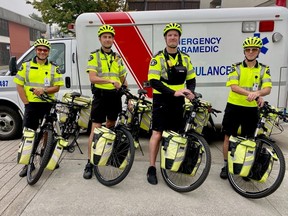 Four paramedics participating in the bike paramedic program in Vancouver's Downtown Eastside this fall are (left to right) Tom Venables, Troy Gienger, Chris Iregui and Darren Metta.