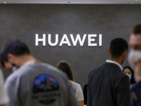 The Huawei logo at a technology fair in Berlin, Germany, in Sept. 2020.