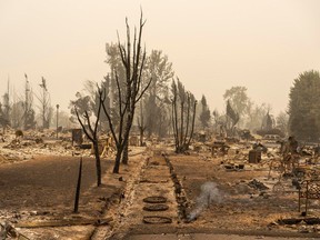 Smoke rises from the ground in a neighborhood destroyed by wildfire on September 13, 2020 in Talent, Oregon. Hundreds of homes in Talent and nearby towns have been lost due to wildfire.