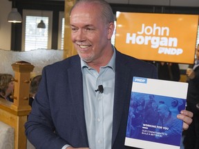 BC NDP party leader John Horgan holds his campaign platform book in 2017.