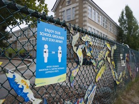 A physical distancing sign is seen during a media tour of Hastings Elementary school in Vancouver.