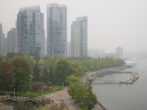 Poor air quality in downtown Vancouver due to wildfire smoke.