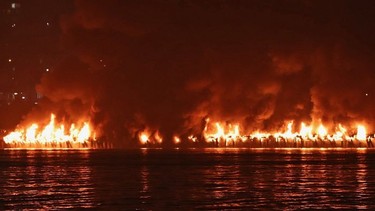A huge fire destroyed the pier on New Westminster's waterfront. Firefighters from New Westminster, Coquitlam, Delta & Vancouver - including their Fireboats. No reports of injuries or a cause of the fire yet. Photos from the Surrey side of the Fraser River.