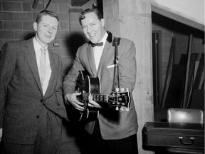 June 27, 1956. Vancouver disc jockey Red Robinson (left) meets rock and roller Bill Haley before Haley's show at the Kerrisdale Arena - Vancouver's first rock and roll concert. John McGinnis photo.