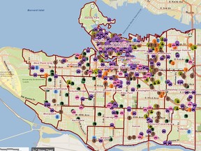 An archived Internet image of the Vancouver Police Department’s Geodash Algorithmic Policing System, which shows active crime hotspots around the city.