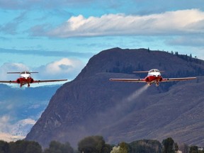 A pair of Canadian Forces Snowbirds CT-114 Tutor jets take off from Kamloops Airport on Tuesday morning. It marked the first time the iconic red ad white jets have been airborne since the May 17 crash in Kamloops that claimed the life of Capt. Jennifer Casey and injured the pilot, Capt. Richard MacDougall. The rest of the squadron’s planes will be flown to home base in Moose Jaw later this month.