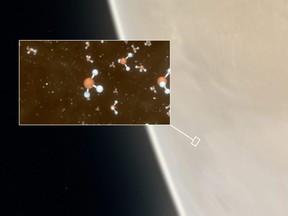 A handout photo made available on September 14, 2020 by the European Southern Observatory shows an artistic impression depicting our Solar System neighbour Venus, where scientists have confirmed the detection of phosphine molecules, a representation of which is shown in the inset.