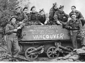 Happy Seaforth Highlanders painted "Germany Kaput. Here we come Vancouver" on hearing of the end of the second World War.