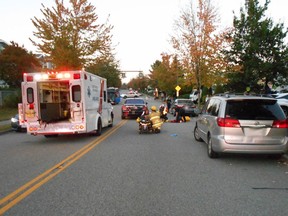 A mother and her child were injured when a car crashed into them Monday night in Coquitlam.
