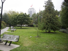 Grassy area on the north side of Vancouver's city hall. The area is one of eight sites council will consider allowing homeless campers to take up residence.
