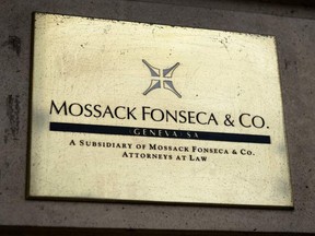A plate of the Geneva office of the law firm Mossack Fonseca is seen on June 16, 2016 in Geneva. PHOTO BY FABRICE COFFRINI / AFP PHOTO / GETTY IMAGES