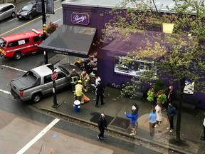 A pedestrian was sent to hospital after crashing through the front window of the Purdys Chocolatier shop at 2705 Granville Street.