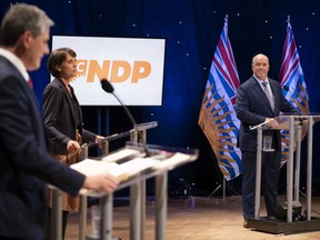 From left, Liberal Leader Andrew Wilkinson, Green Leader Sonia Furstenau and NDP Leader John Horgan at this week's debate.