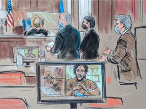 El Shafee Elsheikh, one of two alleged Islamic State militants known as the 'Beatles' facing trial on U.S. criminal charges for their alleged involvement in beheadings of American hostages in Syria, is shown on a screen during a virtual hearing as attorneys and Judge Teresa Buchanan appear in U.S. District Court in Alexandria, Virginia, U.S., October 7, 2020 in this courtroom sketch.