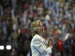 Hillary Clinton acknowledges the crowd after delivering her acceptance speech at the Democratic National Convention in Philadelphia on July 28, 2016. MUST CREDIT: Washington Post photo by Melina Mara