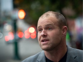 B.C. Conservative Leader Trevor Bolin speaks during a campaign stop in the Downtown Eastside of Vancouver, on Monday, October 19, 2020.