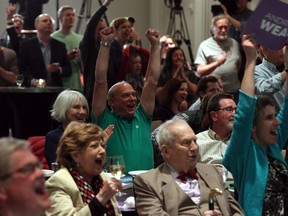 There won't be scenes of people celebrating this election night. Here, Green supporters cheered voting news on election night 2017.