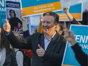 Then mayoral candidate Kennedy Stewart is shown giving a thumbs up during the 2018 Vancouver election campaign.