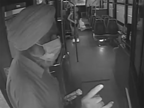 Bus surveillance photos released by Abbotsford Police investigators of a man who allegedly sexually assaulted a woman on a BC Transit bus. The incident under investigation took place in Central Abbotsford at 6:40 pm on Saturday, October 3, 2020.