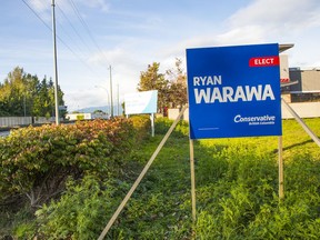 Election sign for B.C. Conservative Ryan Warawa in Langley Township.