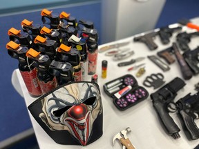 According to Const. Tania Visintin, Vancouver police received 800 calls for service during a 24-hour period on Halloween. Pictured in this Nov. 2, 2020 photo is an array of items confiscated by police on Halloween.