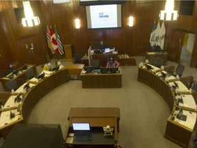 Practically empty council chambers at Vancouver city hall during council meeting as some councillors joined using Zoom.