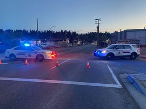 Burnaby RCMP officers at the scene of a fatal vehicle collision on Nov. 11, 2020, at Byrne Road near Marine Way and Southridge Drive.