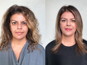 Neely Dhanoa is going through a career change at 51 and wanted a smooth start to the transition with sleek hair and a fresh face. On the left is Dhanoa before her makeover by Nadia Albano, on the right is her after.