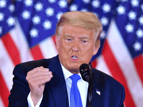 U.S. President Donald Trump speaks during election night in the East Room of the White House in Washington, DC, early on November 4, 2020.