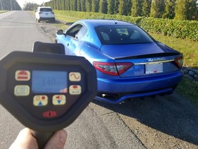 A lead-footed driver received more $700 in fines and had his car impounded after Surrey RCMP clocked his rented Maserati moving at 148 km/hour along a rural road.
