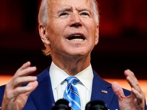 U.S. President-elect Joe Biden delivers a pre-Thanksgiving speech at his transition headquarters in Wilmington, Del., on Nov. 25, 2020.