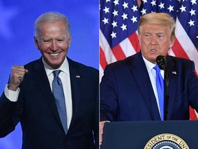 This combination of pictures created on Nov. 4, 2020 shows Democratic presidential nominee Joe Biden gestures after speaking during election night at the Chase Center in Wilmington, Del., and U.S. President Donald Trump speaking during election night in the East Room of the White House in Washington, D.C., early on Nov. 4, 2020.