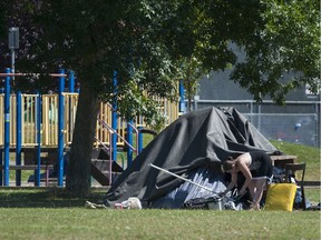 The playground in Strathcona Park is surrounded by tents being used by the growing homeless population.