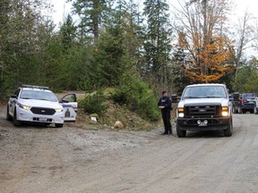 Police investigators look over the scene of several people who died in a remote area on a (logging road) Melrose Rd just west of Qualicum Beach.