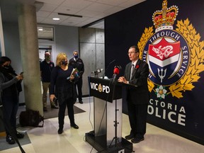 Dr. Richard Stanwick, the Chief Medical Officer for Island Health, speaks Thursday at an announcement of a significant fentanyl seizure by VicPD's Strike Force unit.