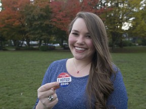 Jennifer Phillips, an American living in Vancouver who works with Democrats Abroad, at Mount Pleasant Park in Vancouver on Nov. 2, 2020.