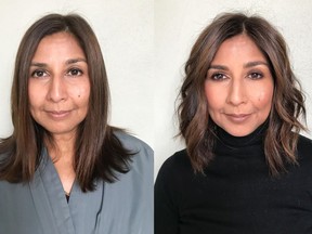 Salima Vasanji is a 51-year-old paralegal and wanted to celebrate her accomplishments in life and raise the bar higher for herself in 2021. On the left is Salima before her makeover by Nadia Albano, on the right is her after.
