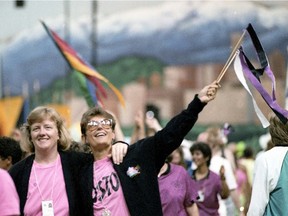 Two women celebrate at the opening ceremonies of the Gay Games in Vancouver in 1990. Photo: Forward Focus Productions Ltd