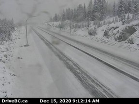 By Wednesday morning, Environment Canada is calling for up to 30 centimetres of snow. All non-essential travel should be postponed until conditions improve. A Drive BC highway cam shows the view from Coquihalla Lakes, about 61 kilometres south of Merritt, looking south.