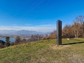 An handout picture taken in November 2020 and released by ziarpiatraneamt.ro on Dec. 1, 2020 shows a metal pillar on Batca Doamnei hill in Piatra Neamt, Romania.