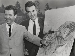 Vancouver architects Arthur Erickson, left, and Geoffrey Massey, here on July, 31, 1963, had their design chosen for the new Simon Fraser University of Burnaby Mountain. Erickson is the University of B.C. associate professor of architecture. Massey is the son of actor Raymond Massey.