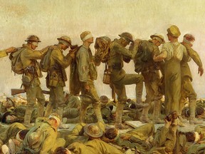 A detail from John Singer Sargent's Gassed (1919), which depicts a line of British soldiers blinded by poison gas, making their way to medical help by placing a hand on each other. The monumental painting is seven-and-a-half feet tall and 20 feet long.