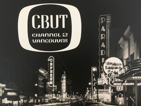A night shot of the neon lights along Granville Street in 1955 overlaid with CBC Vancouver's old logo. Franz Lindner/CBC.