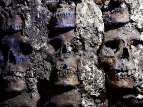 A photo shows parts of an Aztec tower of human skulls, believed to form part of the Huey Tzompantli, at the Templo Mayor archaeology site, in Mexico City, Mexico September 22, 2020.