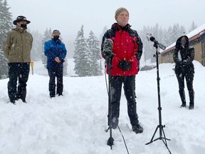 Environment Minister George Heyman makes an announcement regard winter safety at Mt. Seymour on Monday.