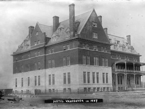 The first Hotel Vancouver under construction in 1887. Note that there is virtually nothing around it - the site was out in the sticks at Georgia and Granville, at a time when the city was centred in Gastown. Vancouver Archives AM54-S4-: SGN 4