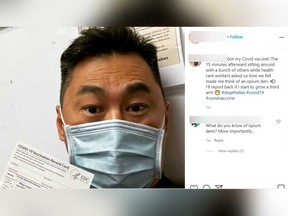 Nurse Matthew W is pictured in an Instagram post after receiving the Pfizer COVID-19 vaccine on Dec. 18.