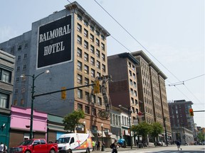 The Balmoral Hotel in the 100-block of East Hastings Street is one of the few properties that saw a drop in value in 2020, due to its building having no value.